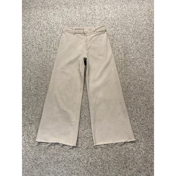 Zara High-Rise The Marine Straight Wide Leg Raw Hem Tan/Cream 6 - Picture 4 of 9